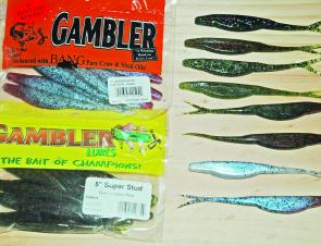A selection of Gambler Super Stud 5” Shads in various watermelon green colours.